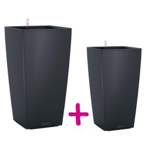 LECHUZA CUBICO Color 30 Slate H56 L30 W30 cm + LECHUZA CUBICO Color 22 Slate H41 L22 W22 cm Self Watering Planters Indoor/Outdoor Flower Plant Pots with Drainage Hole and Plant Substrate Poly-Resin