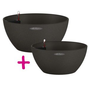 LECHUZA CUBETO Stone 40 Graphite Black D40 H18 cm + LECHUZA CUBETO Stone 30 Graphite Black D30 H13 cm Self Watering Planters Indoor/Outdoor Flower Plant Pots with Drainage Hole and Plant Substrate Poly-Resin