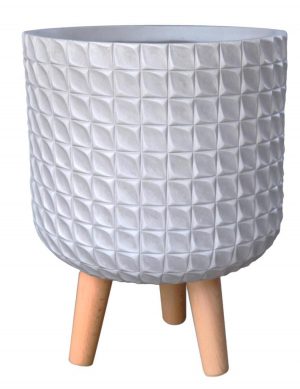Geometric Patterned White Cylinder Indoor Planter on Legs by Idealist Lite D25 H34 cm, 9.1 ltrs Cap.