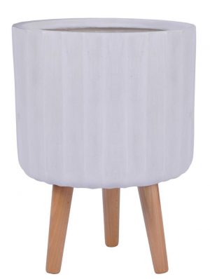 Modern Ribbed White Cylinder Round Indoor Planter on Legs by Idealist Lite D24 H32 cm, 7.6 ltrs Cap.